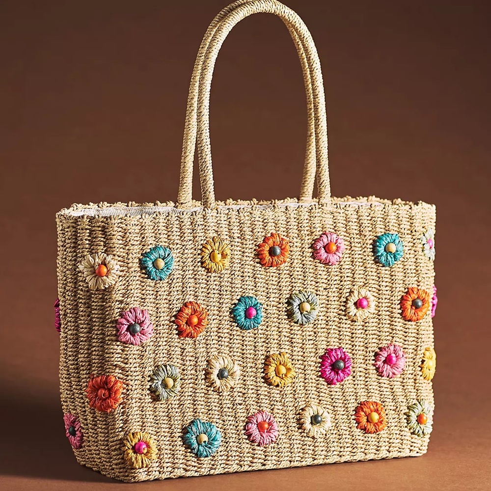 Anthropologie Floral Raffia Tote Spring 2023